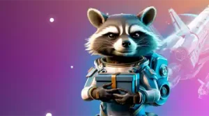 Изображение енота в солнечных очках с скипетром, празднующего с воздушными шарами и золотыми монетами, символизирующее приветственный бонус в Казино Лаки Бир.